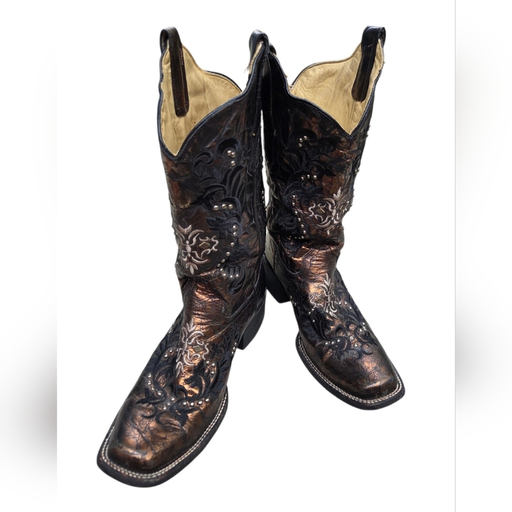 Corral Cowboy Boots Mens‎ 8M Brown Bronze Distressed Embroidered Studded Western
